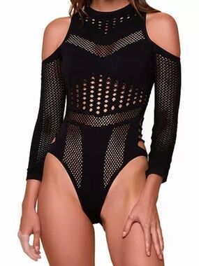 NWOT! HAUTY Women Black 1Piece Cold Shoulder Seamless Sheer Bodysuit Lingerie OS